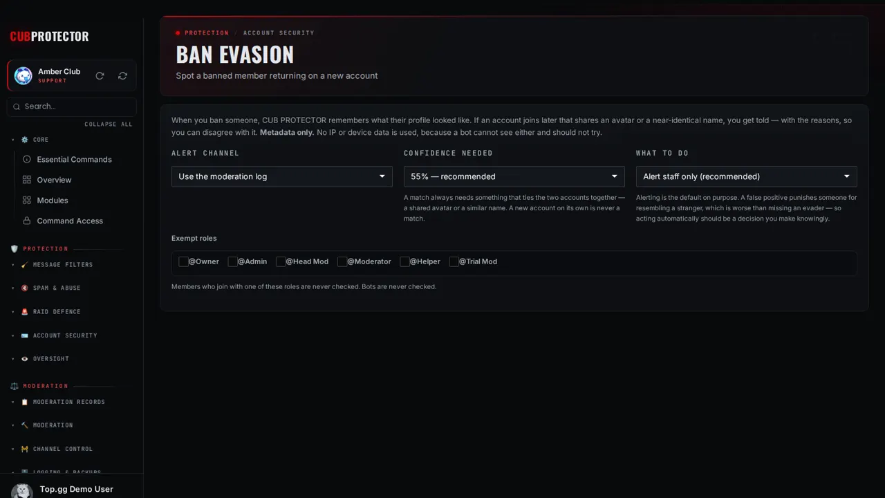 The Ban Evasion page on the CUB PROTECTOR dashboard