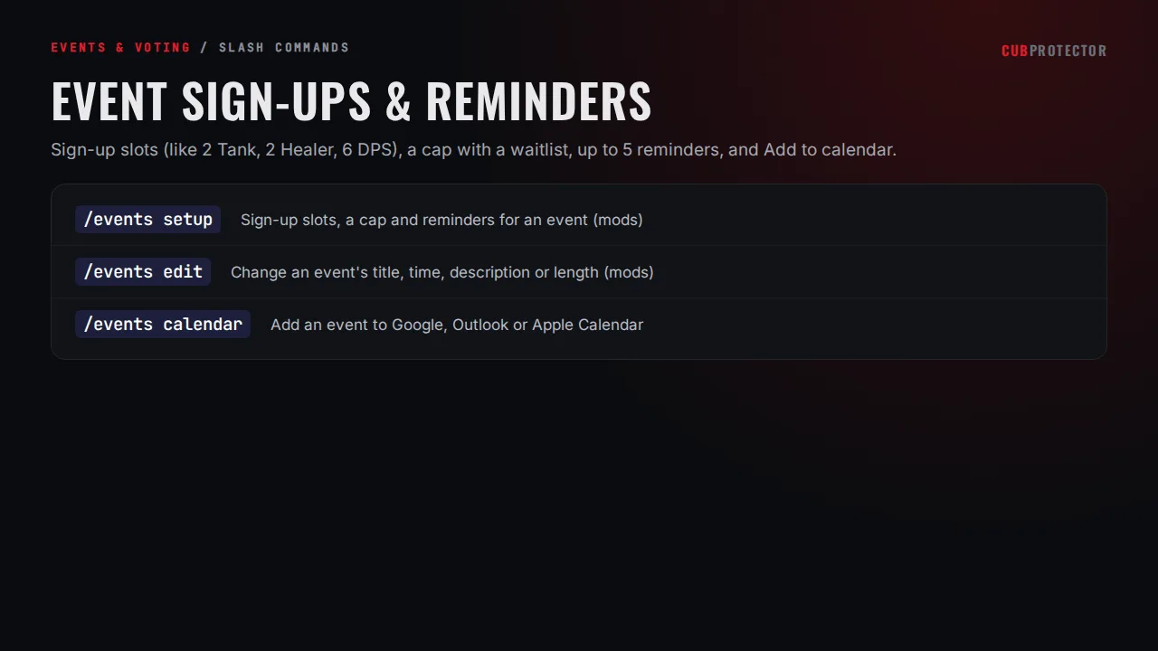 The Event Sign-ups & Reminders page on the CUB PROTECTOR dashboard