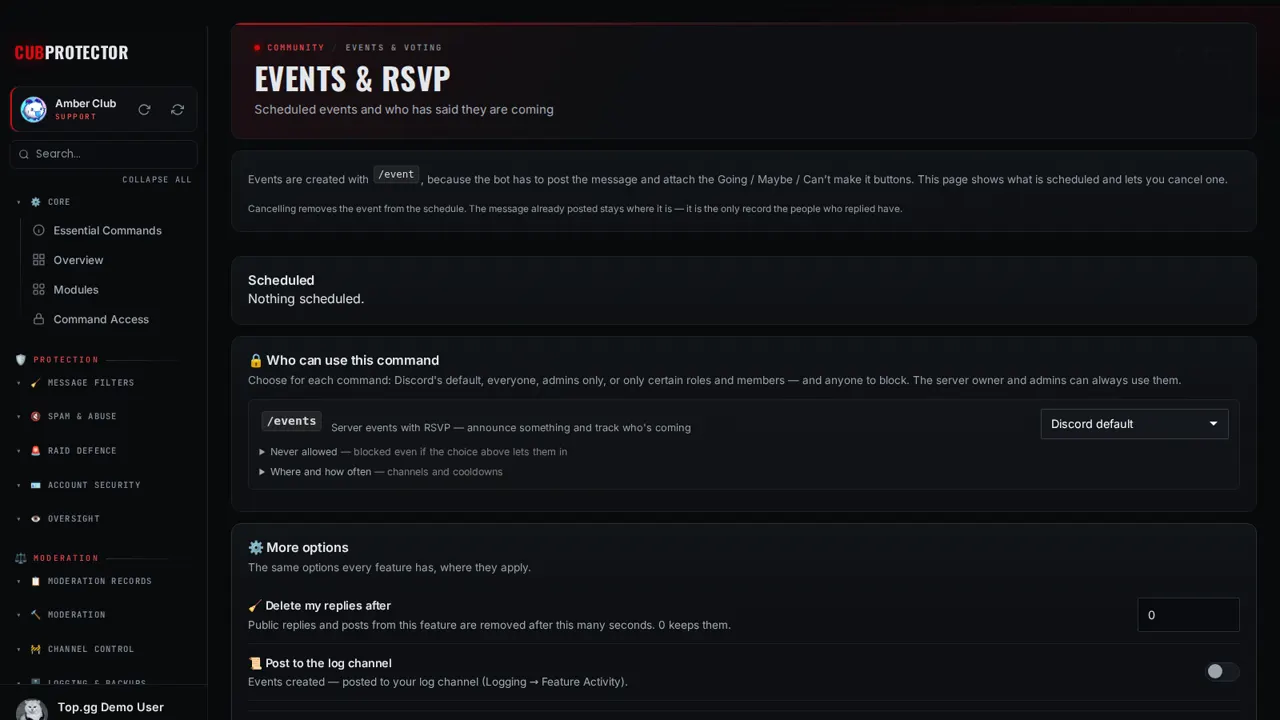 The Events & RSVP page on the CUB PROTECTOR dashboard