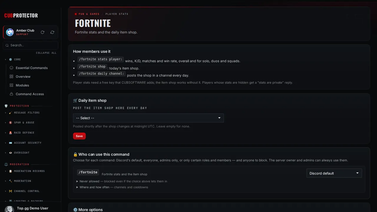 The Fortnite page on the CUB PROTECTOR dashboard