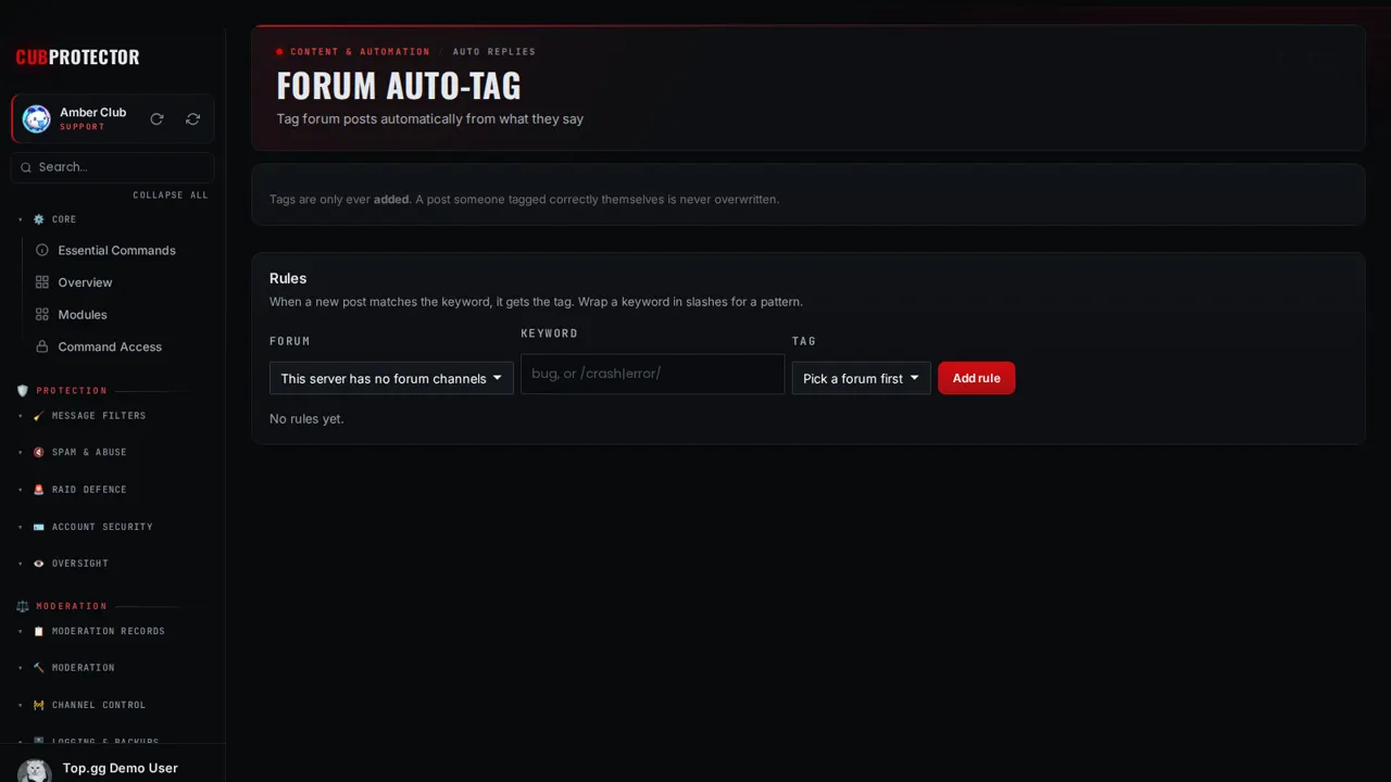 The Forum Auto-Tag page on the CUB PROTECTOR dashboard