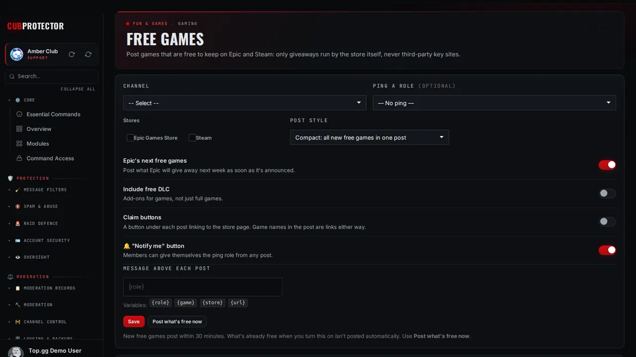 The Free Games page on the CUB PROTECTOR dashboard