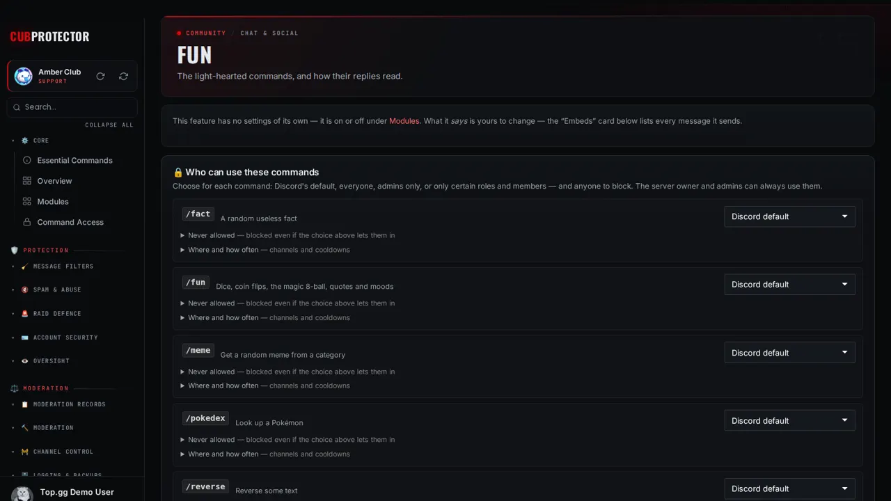 The Fun page on the CUB PROTECTOR dashboard