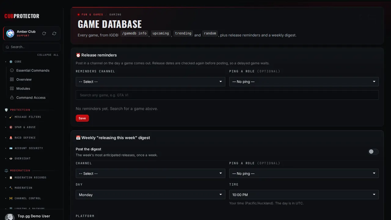 The Game Database page on the CUB PROTECTOR dashboard