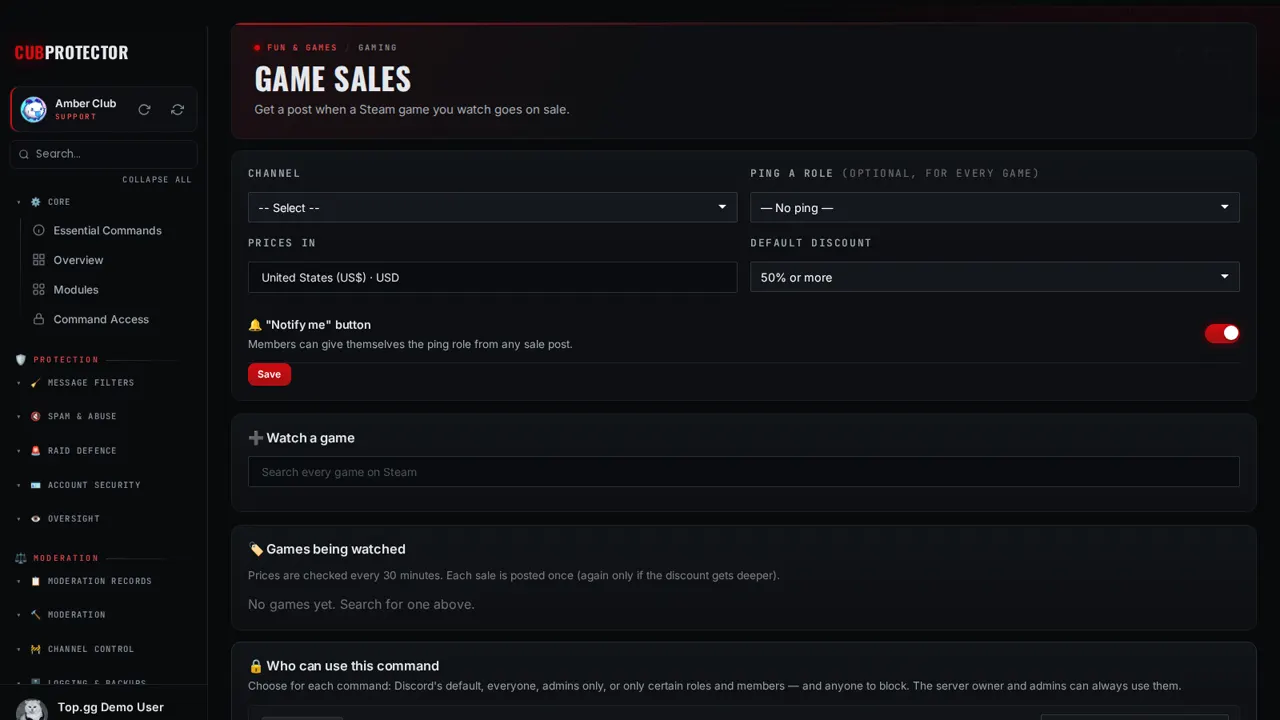 The Game Sales page on the CUB PROTECTOR dashboard