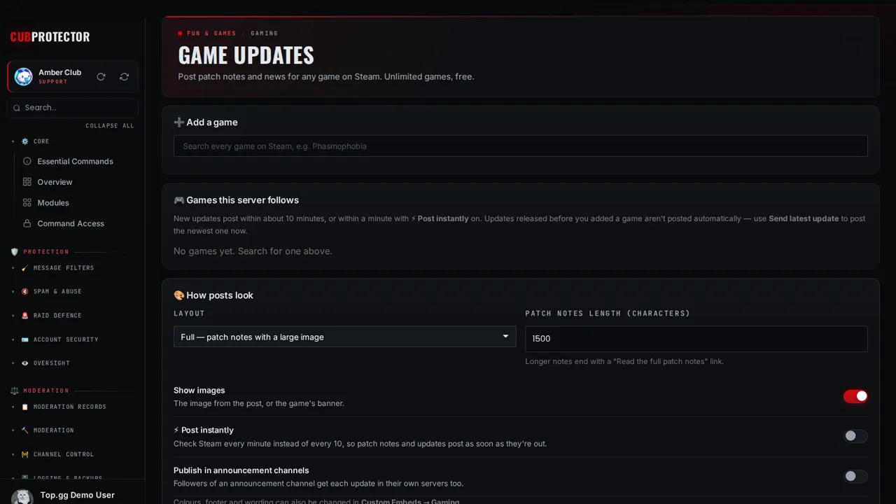 The Game Updates page on the CUB PROTECTOR dashboard