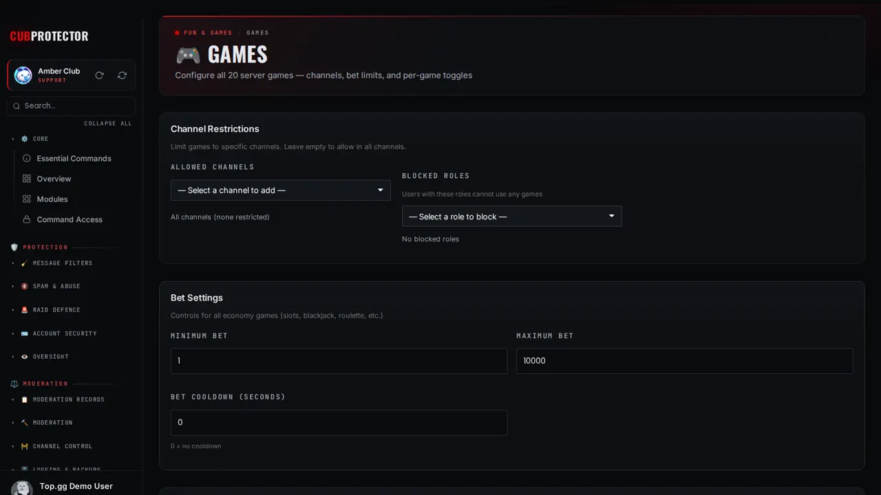 The Games page on the CUB PROTECTOR dashboard