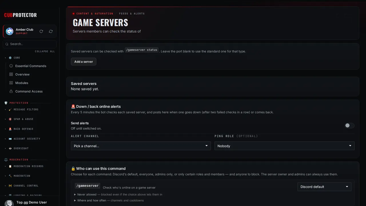 The Game Server Status page on the CUB PROTECTOR dashboard