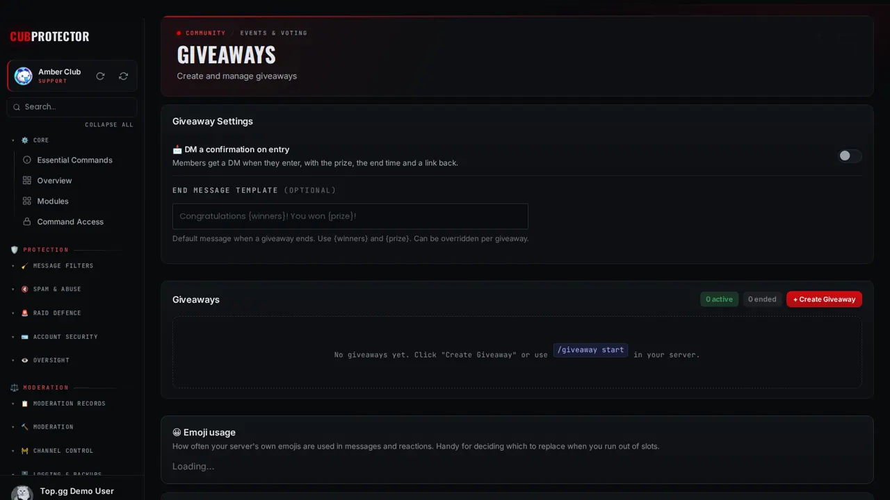 The Giveaways page on the CUB PROTECTOR dashboard