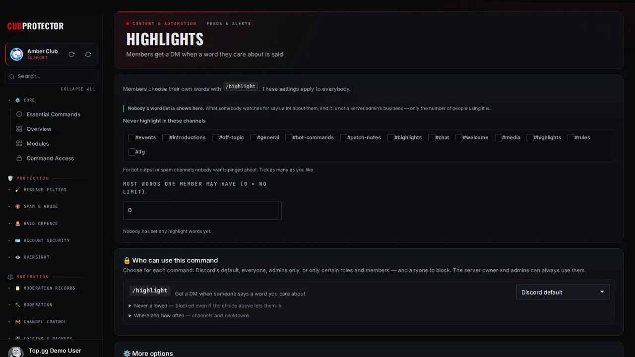 The Highlights page on the CUB PROTECTOR dashboard