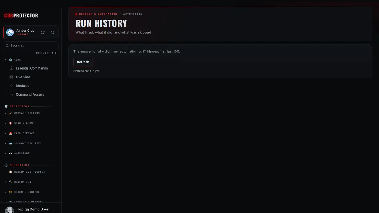 The Run History page on the CUB PROTECTOR dashboard