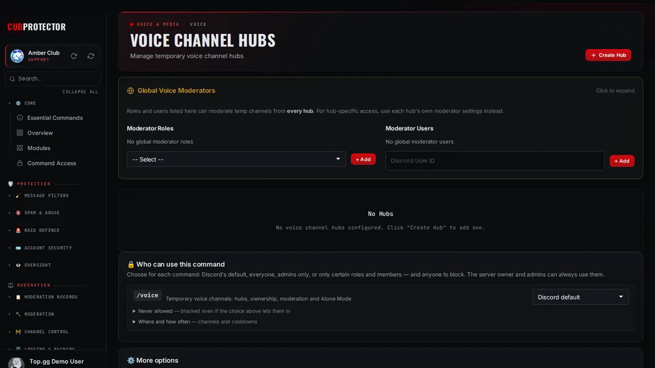 The Hubs page on the CUB PROTECTOR dashboard