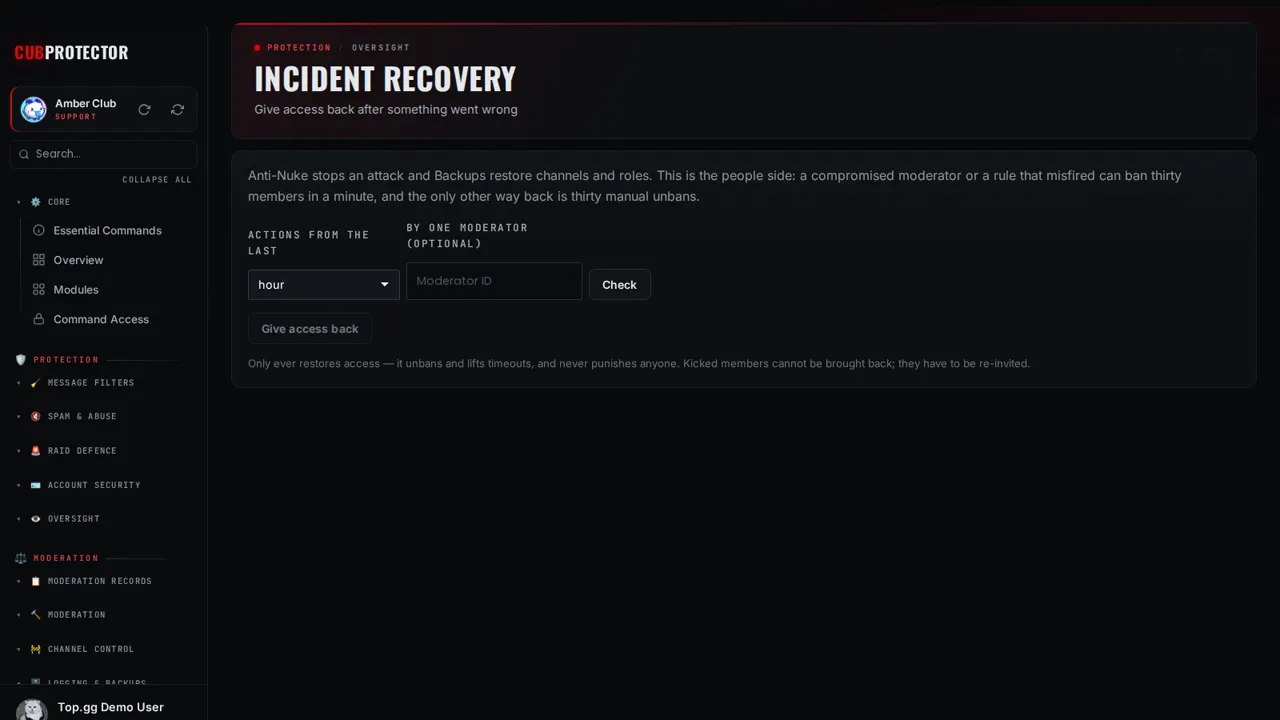 The Incident Recovery page on the CUB PROTECTOR dashboard
