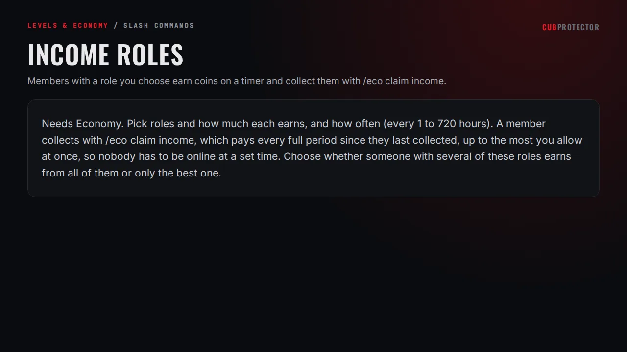 The Income Roles page on the CUB PROTECTOR dashboard