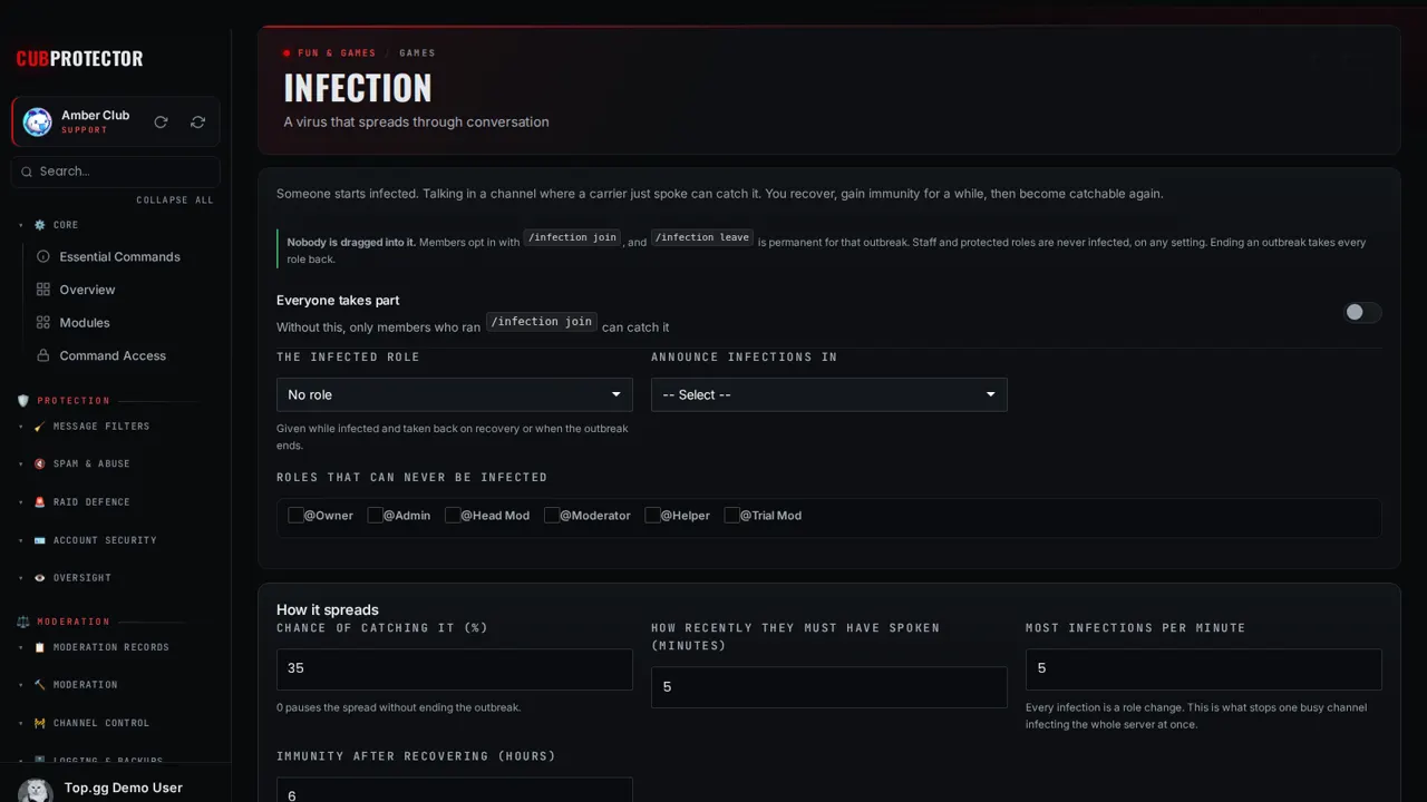 The Infection page on the CUB PROTECTOR dashboard
