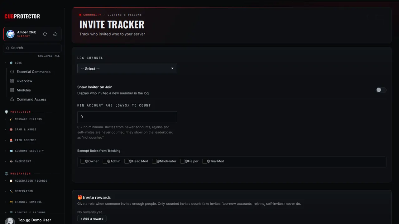 The Invite Tracker page on the CUB PROTECTOR dashboard