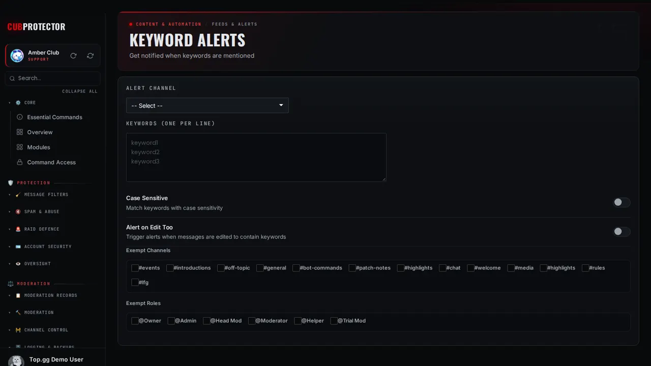 The Keyword Alerts page on the CUB PROTECTOR dashboard