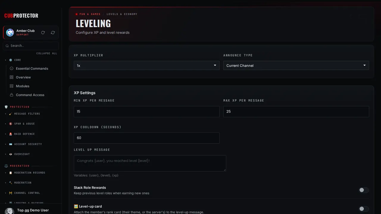 The Leveling page on the CUB PROTECTOR dashboard