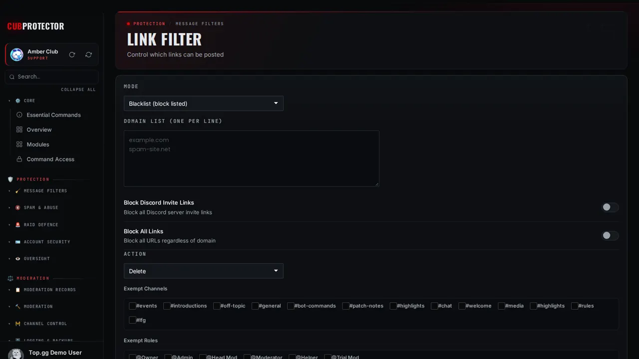 The Link Filter page on the CUB PROTECTOR dashboard