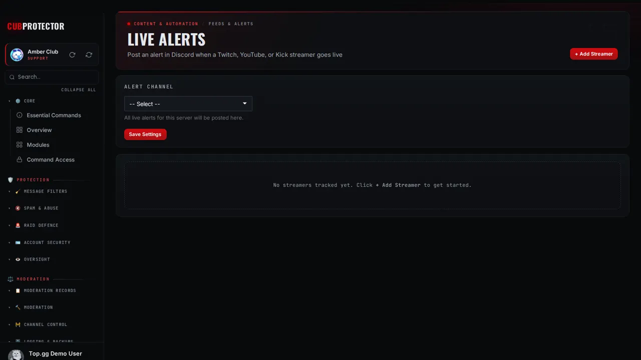 The Live Alerts page on the CUB PROTECTOR dashboard