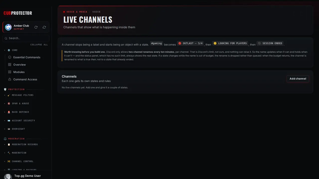 The Live Channels page on the CUB PROTECTOR dashboard