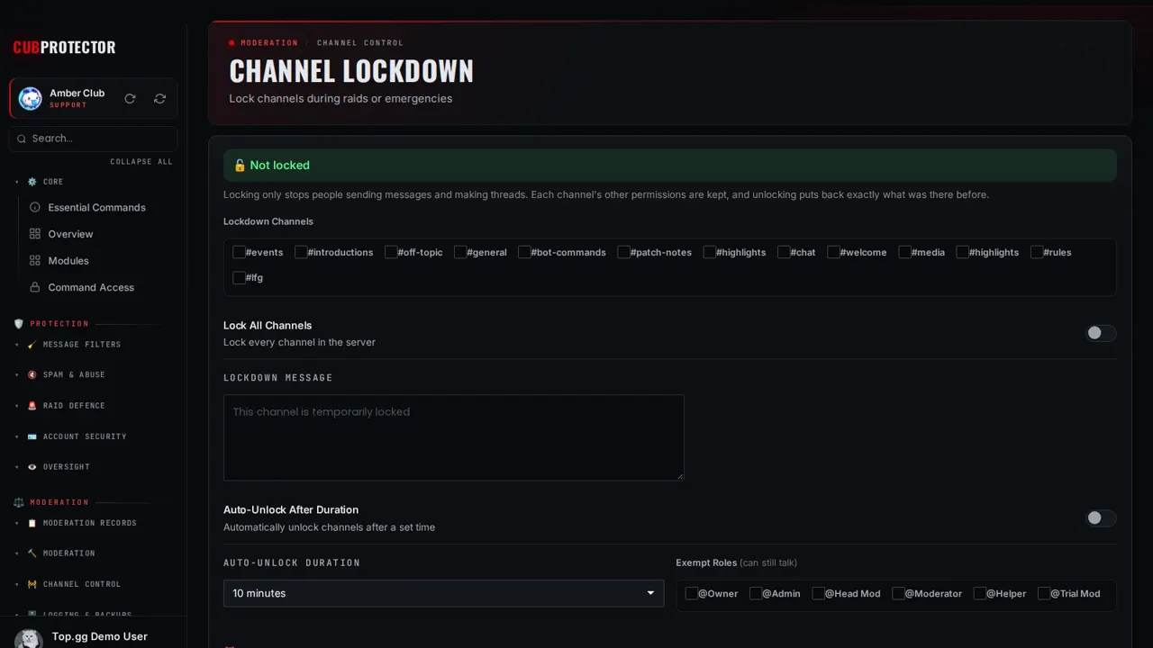 The Lockdown page on the CUB PROTECTOR dashboard