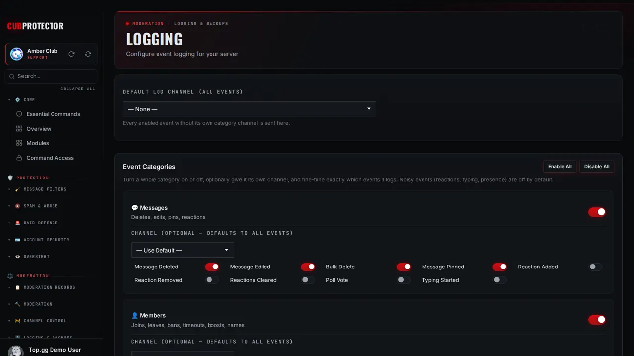The Logging page on the CUB PROTECTOR dashboard
