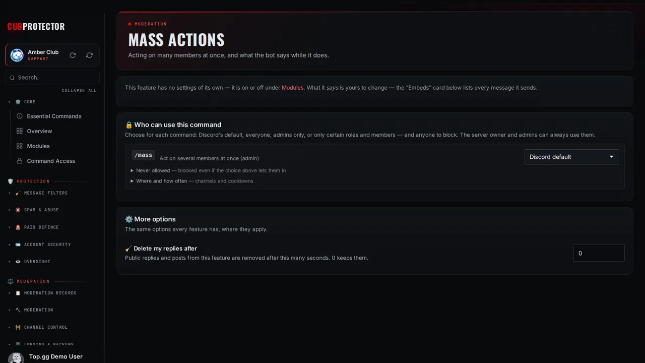 The Mass Actions page on the CUB PROTECTOR dashboard
