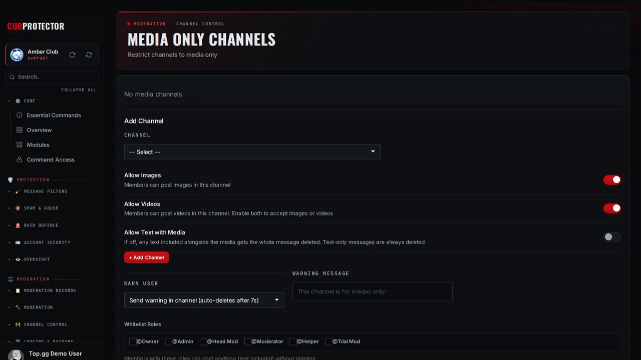 The Media Channels page on the CUB PROTECTOR dashboard