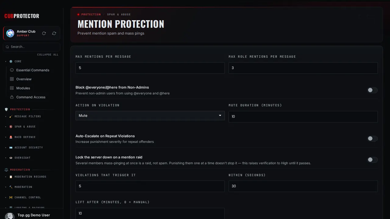 The Mention Protection page on the CUB PROTECTOR dashboard