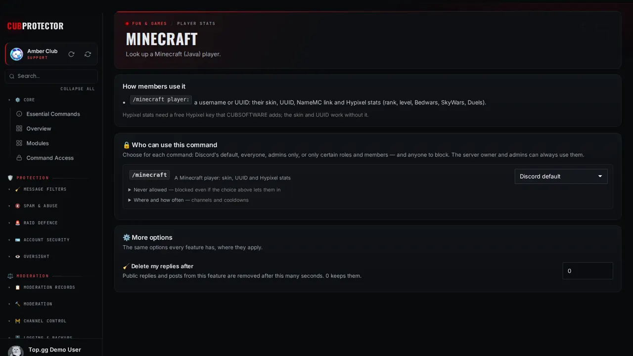 The Minecraft page on the CUB PROTECTOR dashboard