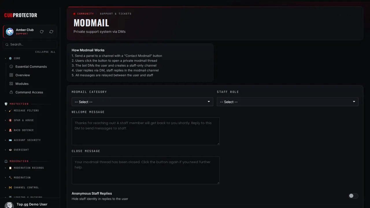 The Modmail page on the CUB PROTECTOR dashboard
