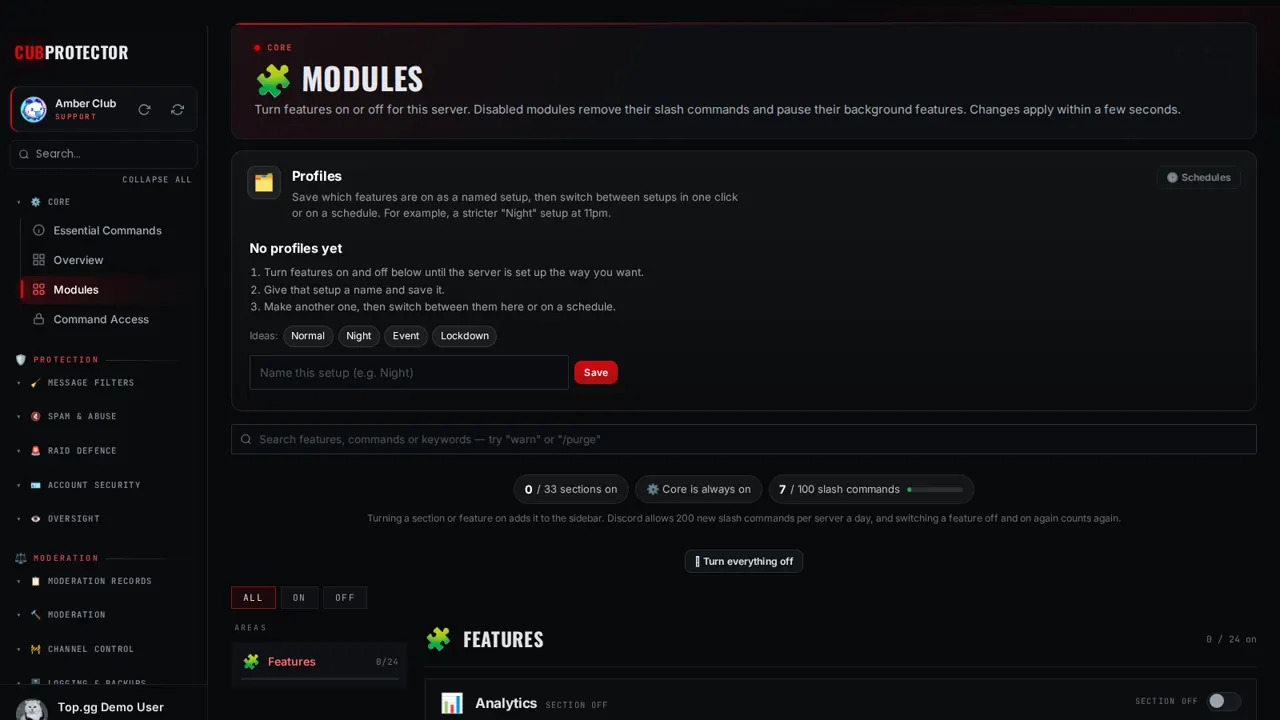 The Modules page on the CUB PROTECTOR dashboard