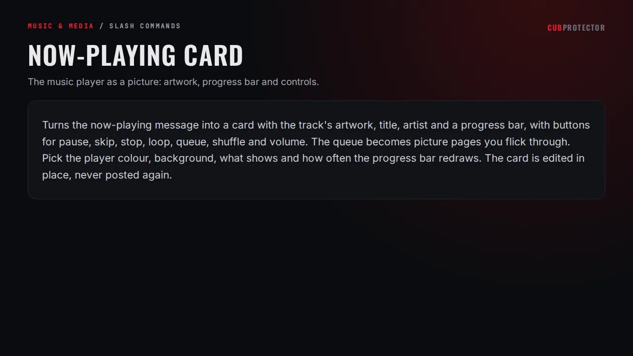 The Now-Playing Card page on the CUB PROTECTOR dashboard