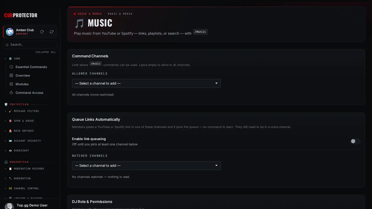 The Music page on the CUB PROTECTOR dashboard