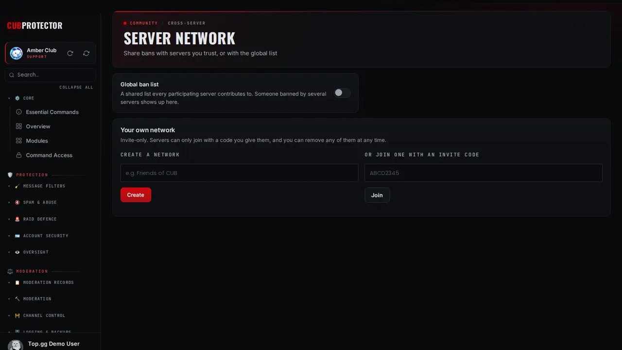 The Server Network page on the CUB PROTECTOR dashboard