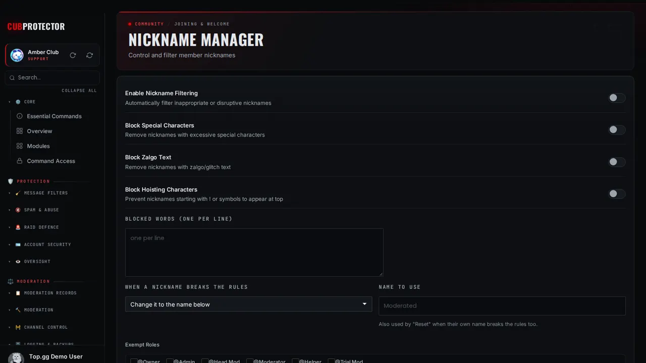 The Nicknames page on the CUB PROTECTOR dashboard