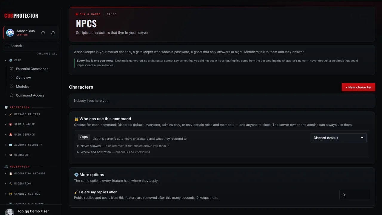 The NPCs page on the CUB PROTECTOR dashboard
