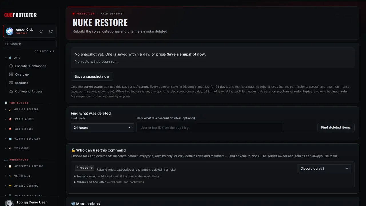 The Nuke Restore page on the CUB PROTECTOR dashboard