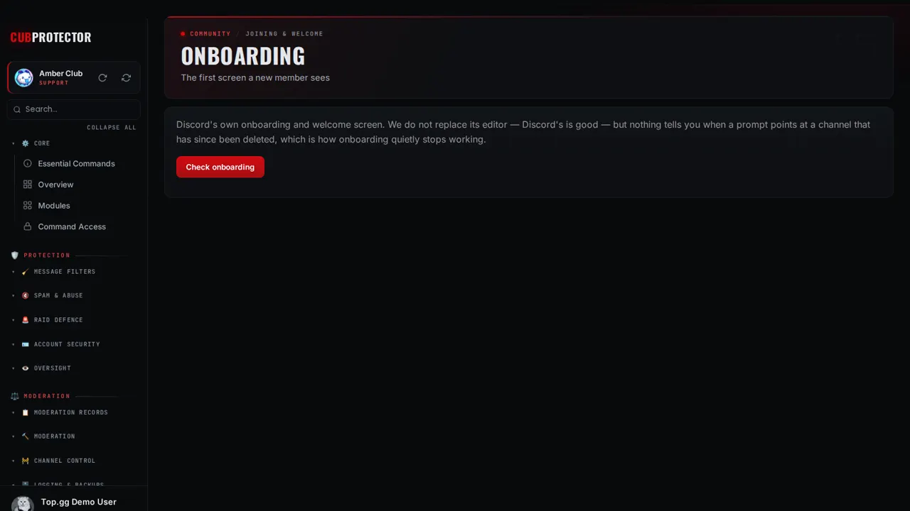 The Onboarding page on the CUB PROTECTOR dashboard
