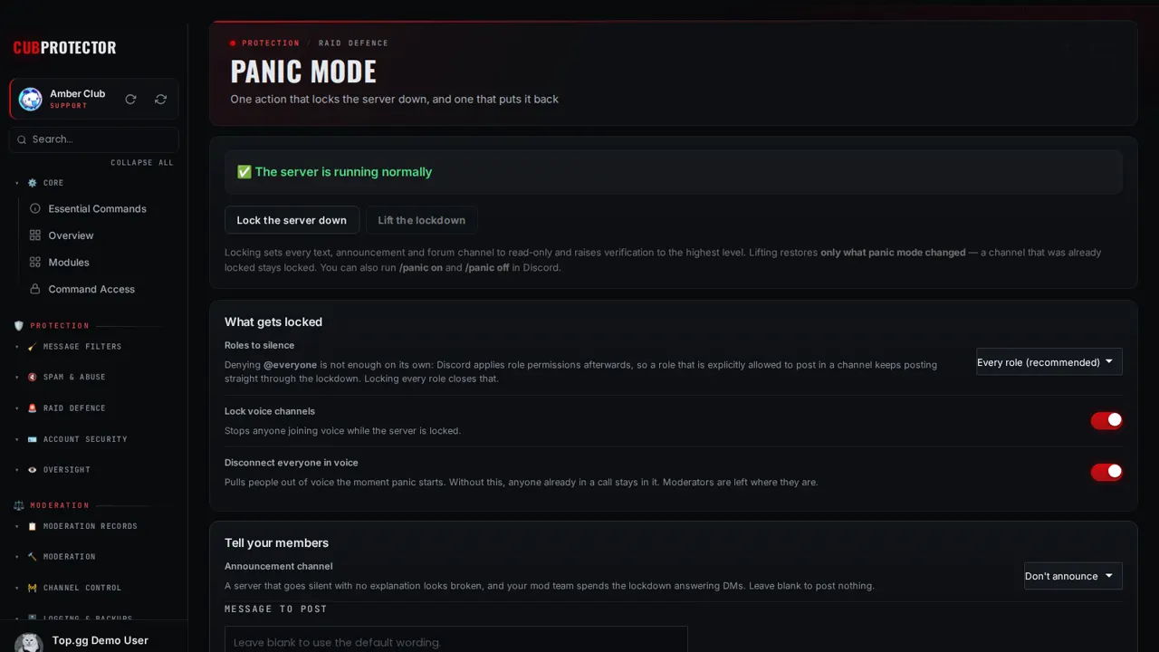 The Panic Mode page on the CUB PROTECTOR dashboard