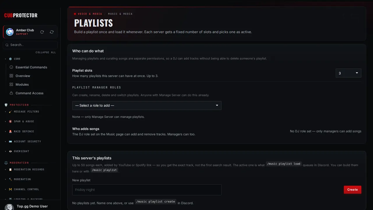 The Music Playlists page on the CUB PROTECTOR dashboard