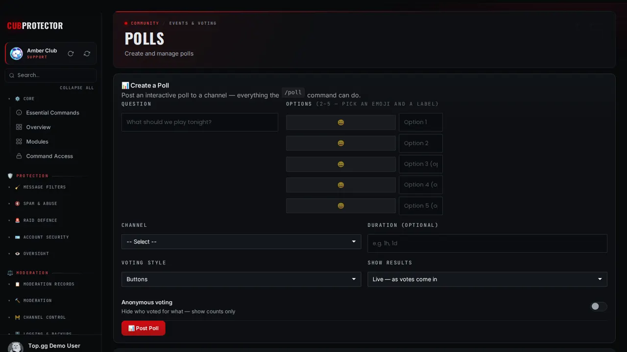 The Polls page on the CUB PROTECTOR dashboard