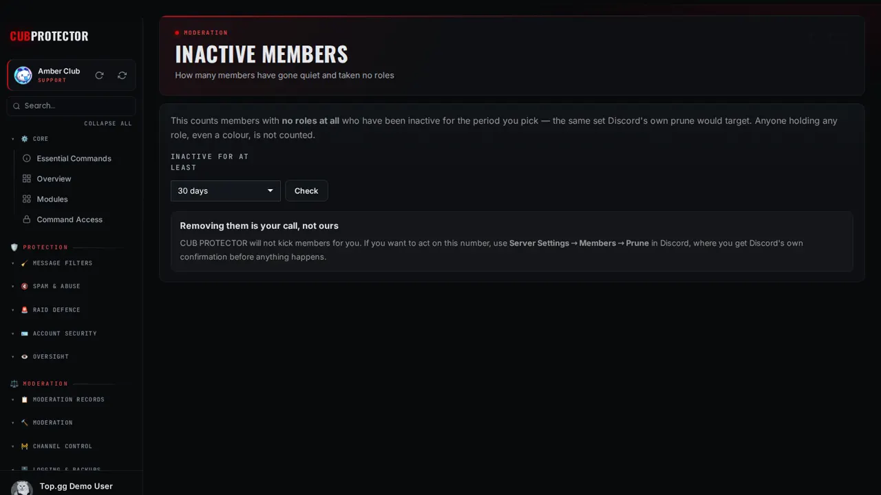 The Inactive Prune page on the CUB PROTECTOR dashboard