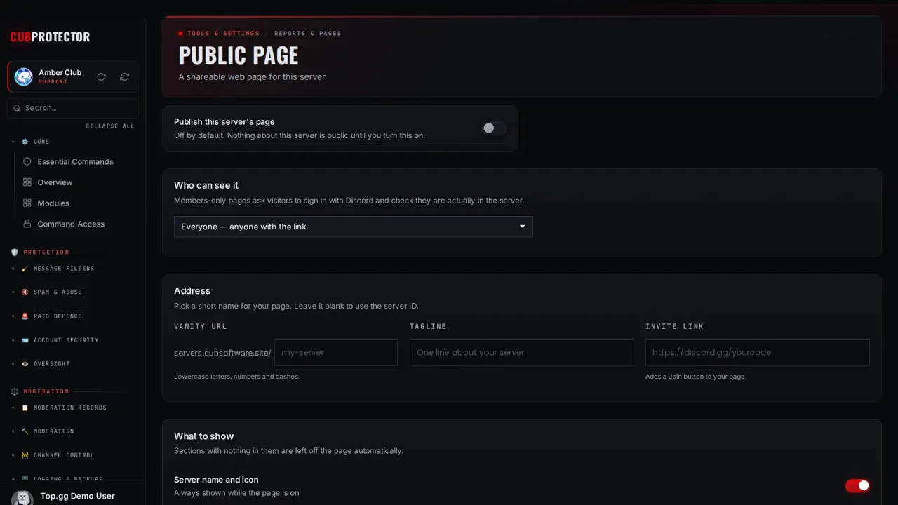 The Public Page page on the CUB PROTECTOR dashboard