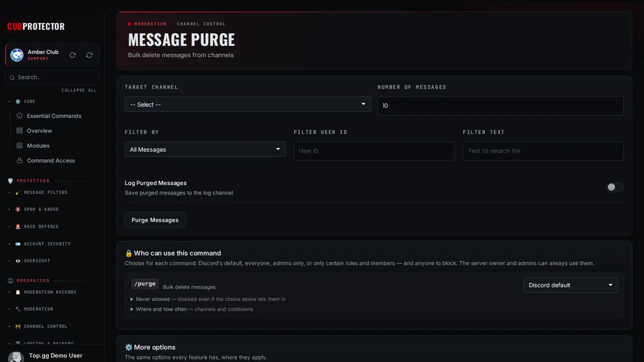 The Purge page on the CUB PROTECTOR dashboard