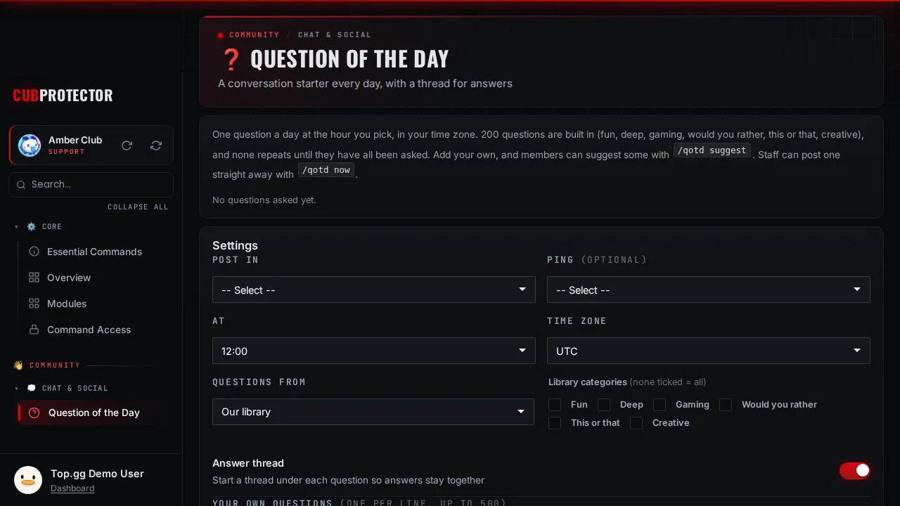The Question of the Day page on the CUB PROTECTOR dashboard