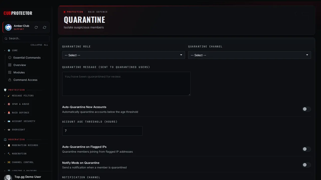 The Quarantine page on the CUB PROTECTOR dashboard