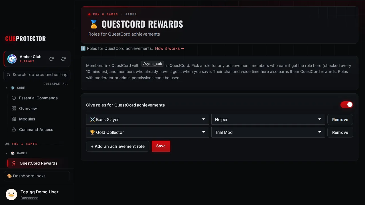 The QuestCord Rewards page on the CUB PROTECTOR dashboard