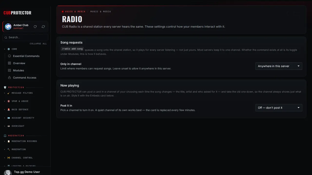The Radio Settings page on the CUB PROTECTOR dashboard